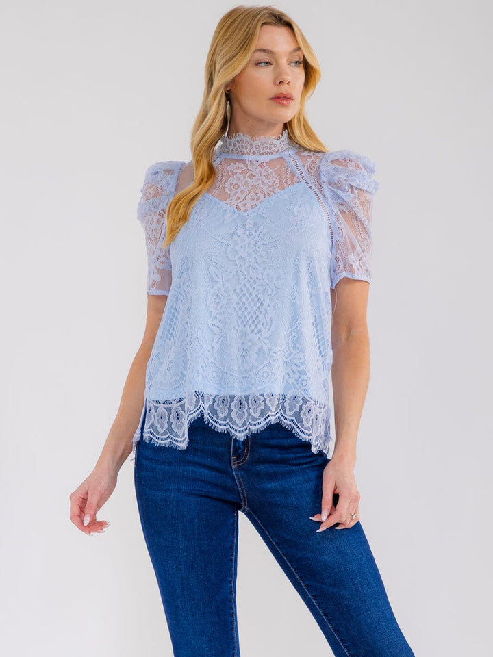 WOMEN'S SHORT PUFF SLEEVE MOCK NECK FLORAL LACE BLOUSE
