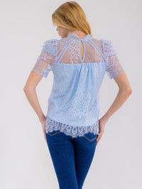 WOMEN'S SHORT PUFF SLEEVE MOCK NECK FLORAL LACE BLOUSE