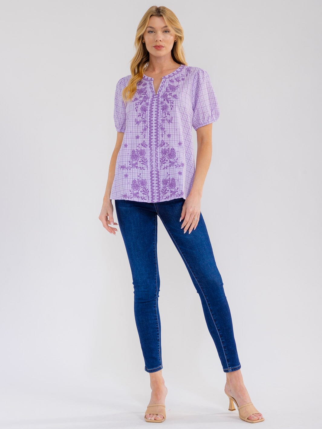 WOMEN'S SHORT PUFF SLEEVE V-NECK FLORAL EMBROIDERY BLOUSE