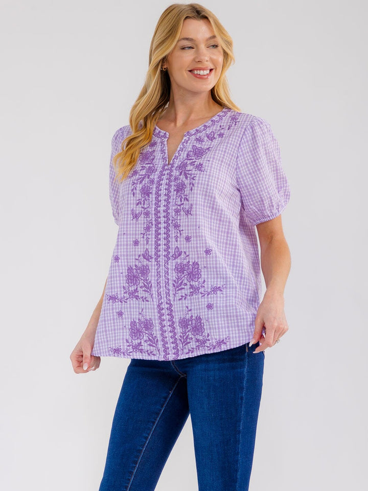 WOMEN'S SHORT PUFF SLEEVE V-NECK FLORAL EMBROIDERY BLOUSE