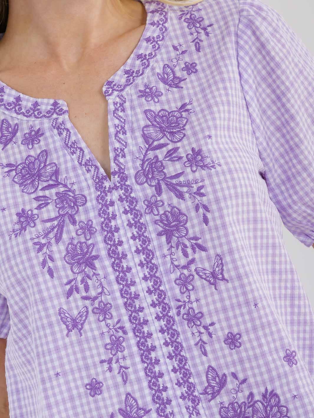 WOMEN'S SHORT PUFF SLEEVE V-NECK FLORAL EMBROIDERY BLOUSE