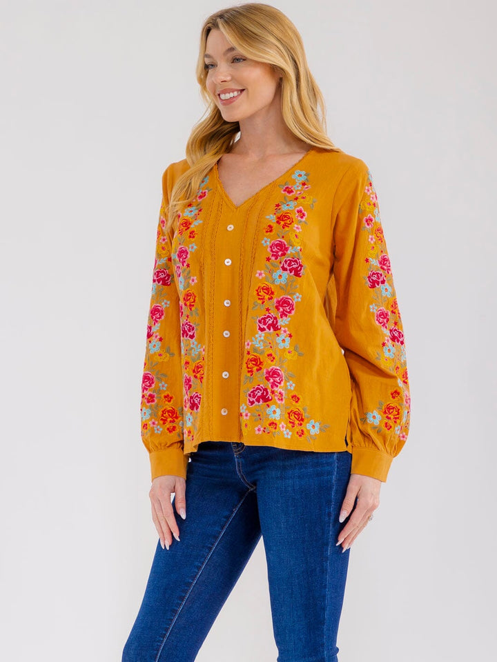 WOMEN'S LONG SLEEVE V-NECK FLORAL EMBROIDERY BLOUSE