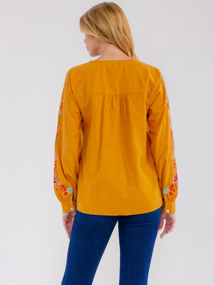 WOMEN'S LONG SLEEVE V-NECK FLORAL EMBROIDERY BLOUSE