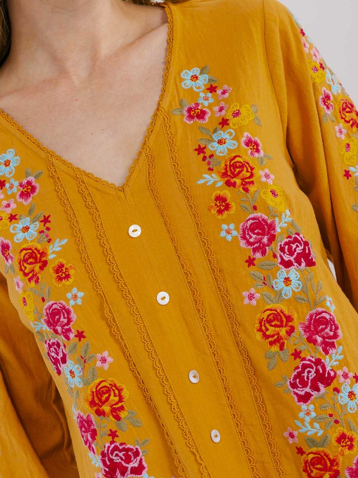 WOMEN'S LONG SLEEVE V-NECK FLORAL EMBROIDERY BLOUSE