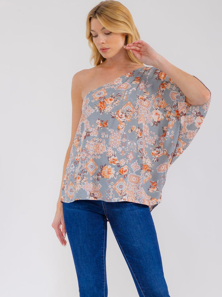 WOMEN'S ONE SHOULDER FLORAL PRINT BLOUSE
