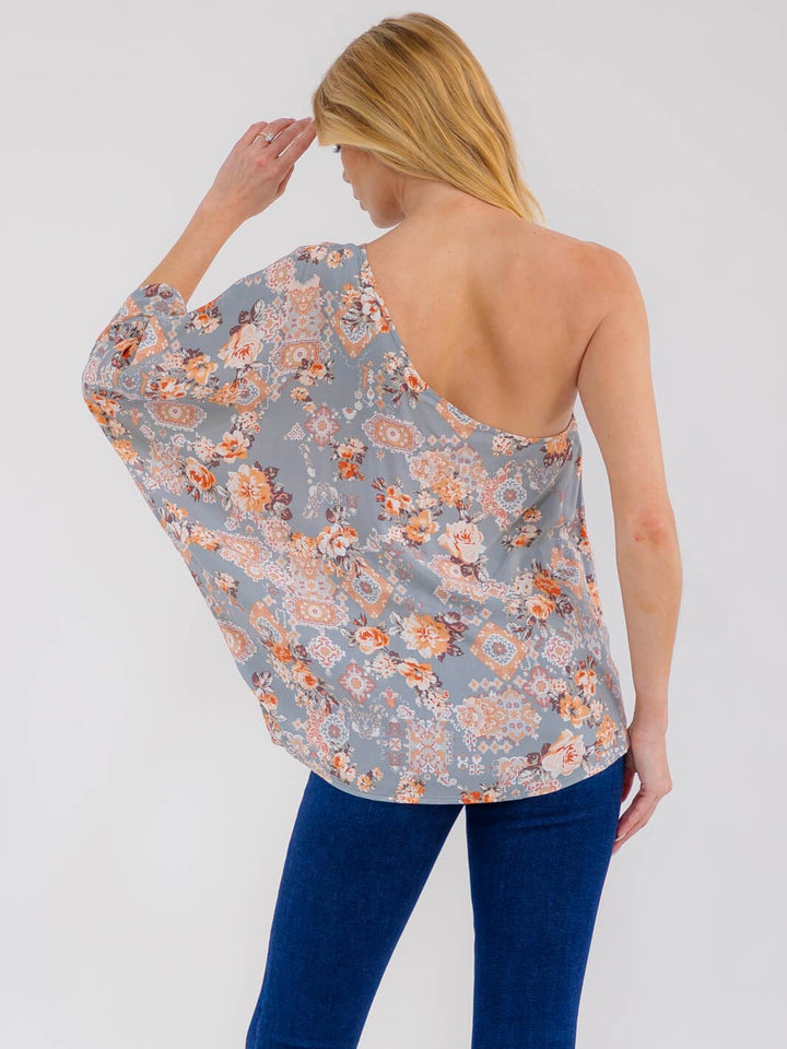 WOMEN'S ONE SHOULDER FLORAL PRINT BLOUSE