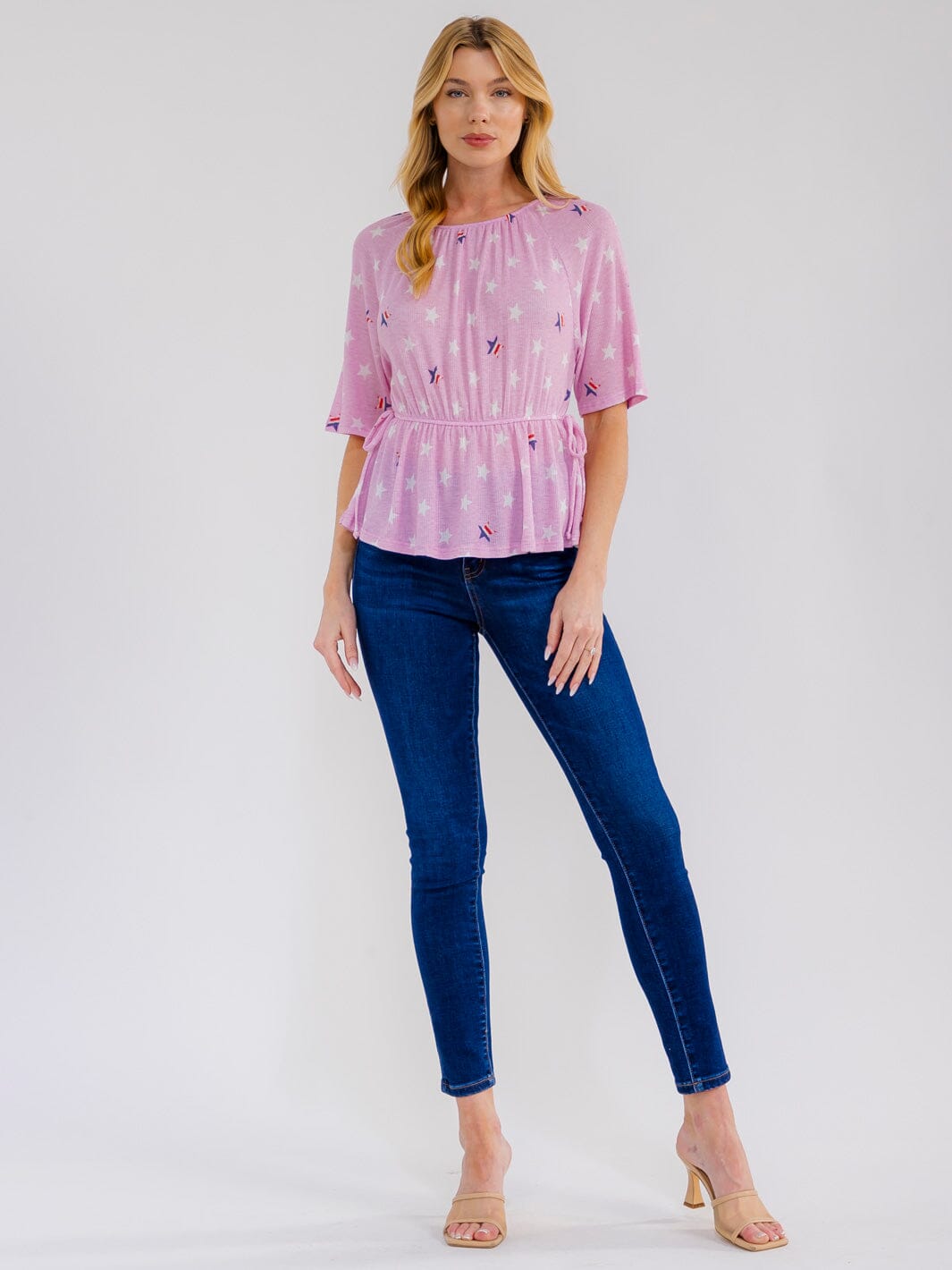 WOMEN'S SHORT SLEEVE ELASTIC WAIST STARS PRINT BLOUSE