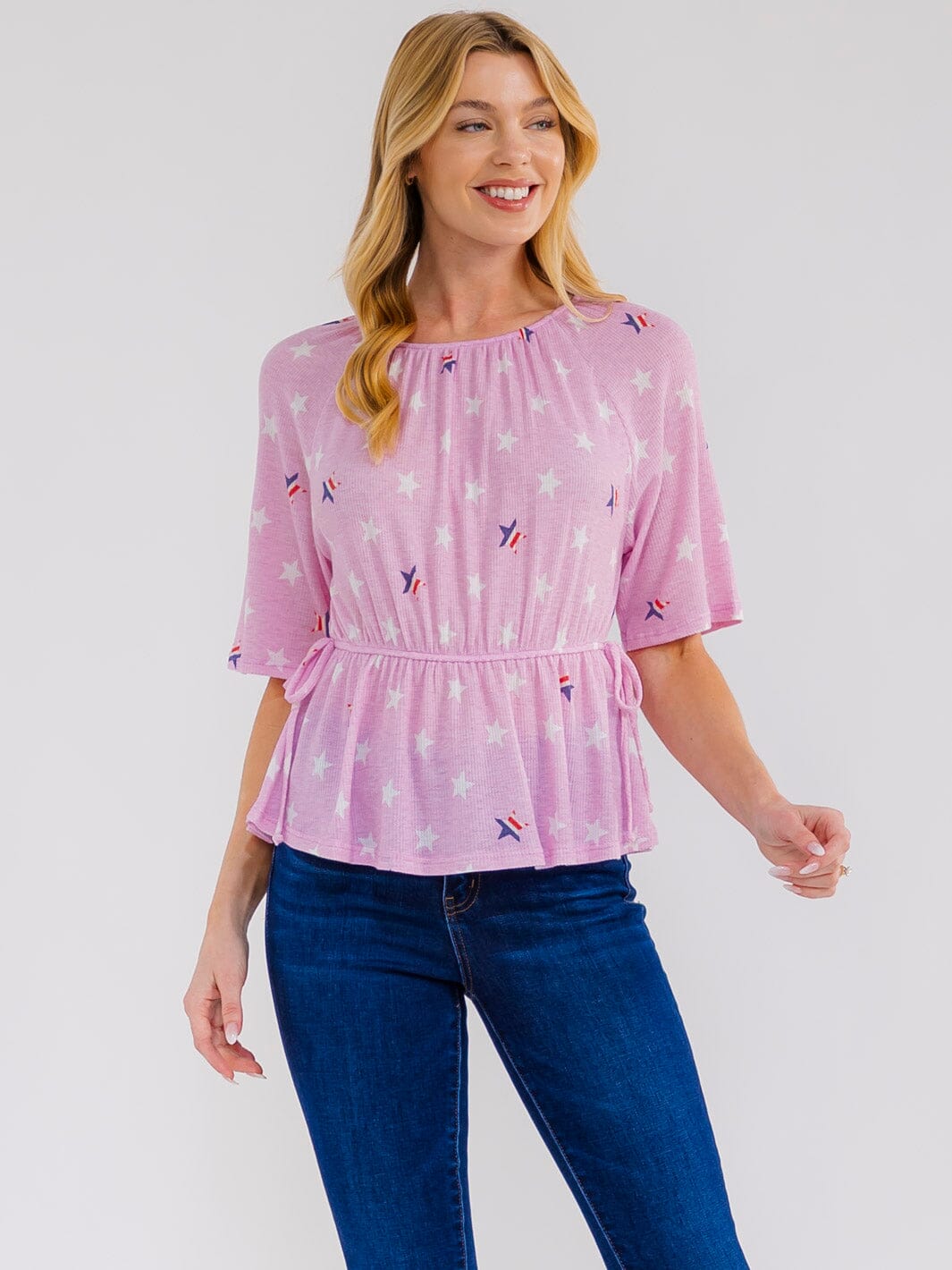 WOMEN'S SHORT SLEEVE ELASTIC WAIST STARS PRINT BLOUSE