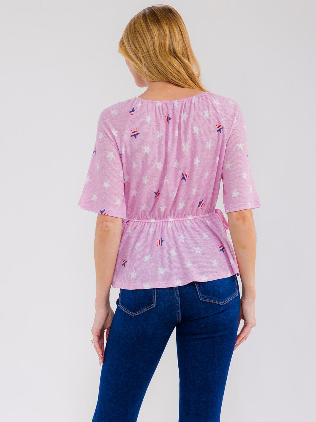 WOMEN'S SHORT SLEEVE ELASTIC WAIST STARS PRINT BLOUSE