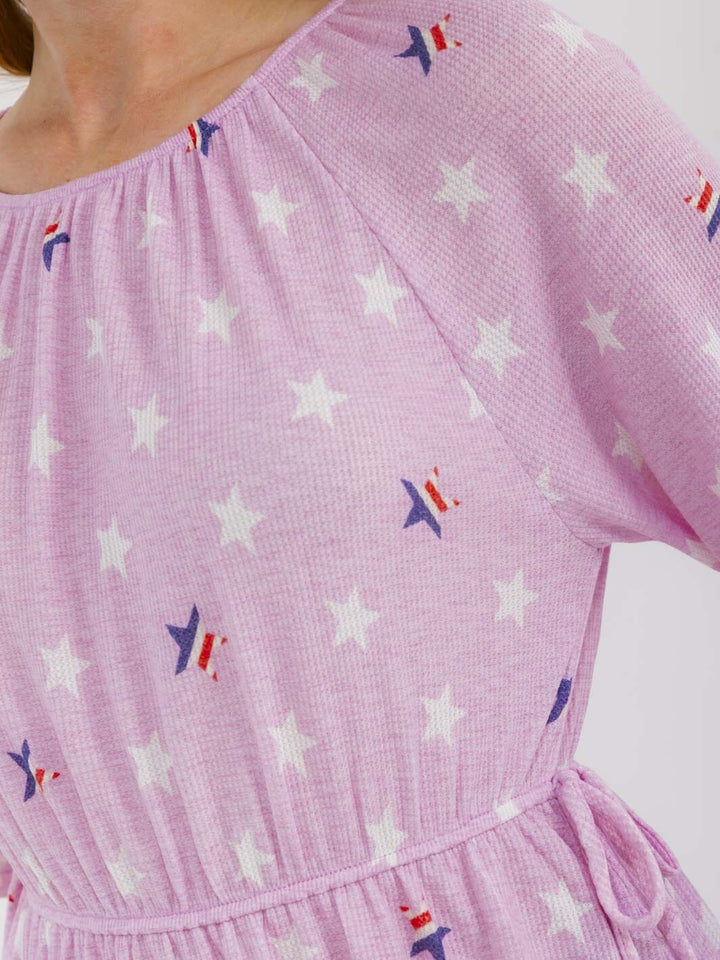 WOMEN'S SHORT SLEEVE ELASTIC WAIST STARS PRINT BLOUSE