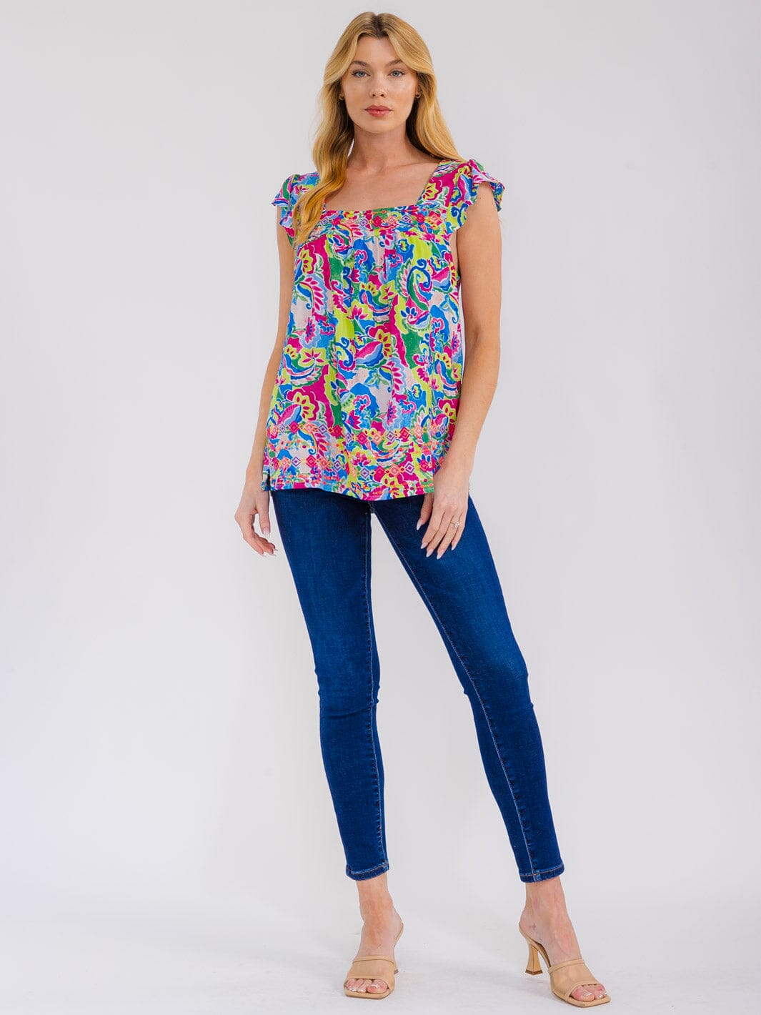 WOMEN'S SLEEVELESS RUFFLE EMBROIDERY SQUARE NECK MULTI PRINT TANK TOP