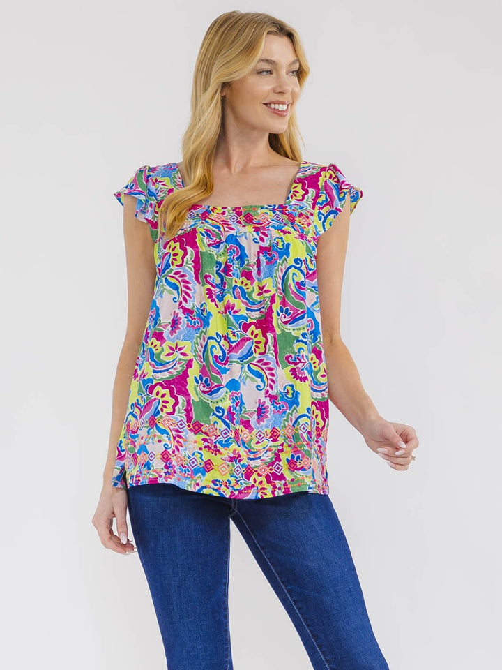 WOMEN'S SLEEVELESS RUFFLE EMBROIDERY SQUARE NECK MULTI PRINT TANK TOP