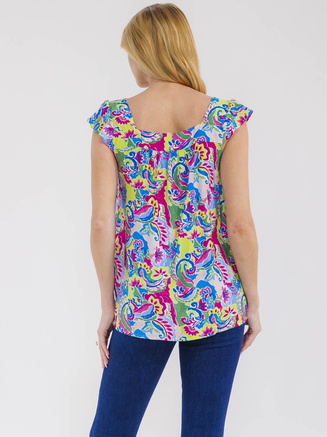 WOMEN'S SLEEVELESS RUFFLE EMBROIDERY SQUARE NECK MULTI PRINT TANK TOP