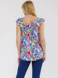 WOMEN'S SLEEVELESS RUFFLE EMBROIDERY SQUARE NECK MULTI PRINT TANK TOP
