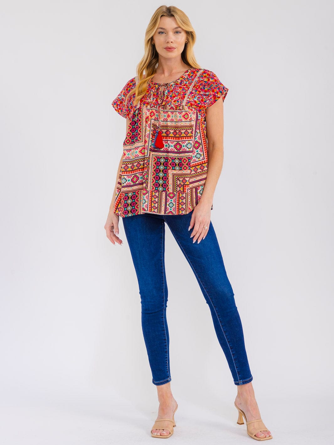 WOMEN'S SHORT SLEEVE FLORAL EMBROIDERY MULTI PRINT BLOUSE