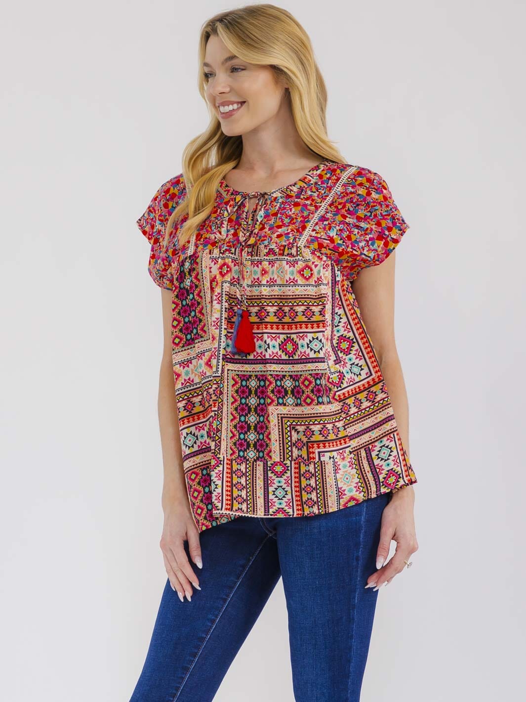 WOMEN'S SHORT SLEEVE FLORAL EMBROIDERY MULTI PRINT BLOUSE