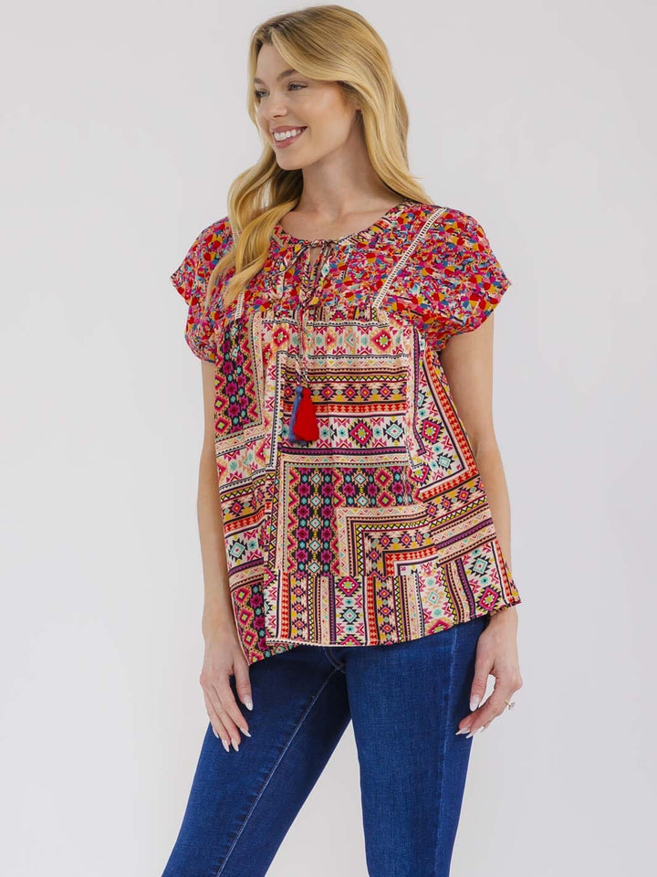 WOMEN'S SHORT SLEEVE FLORAL EMBROIDERY MULTI PRINT BLOUSE