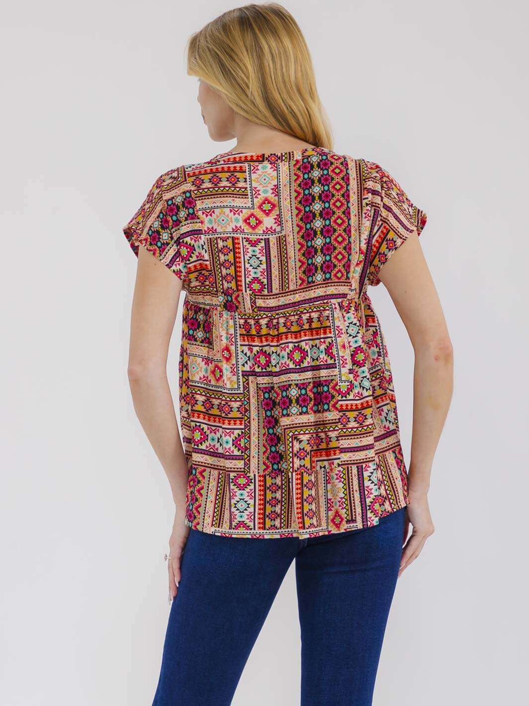 WOMEN'S SHORT SLEEVE FLORAL EMBROIDERY MULTI PRINT BLOUSE