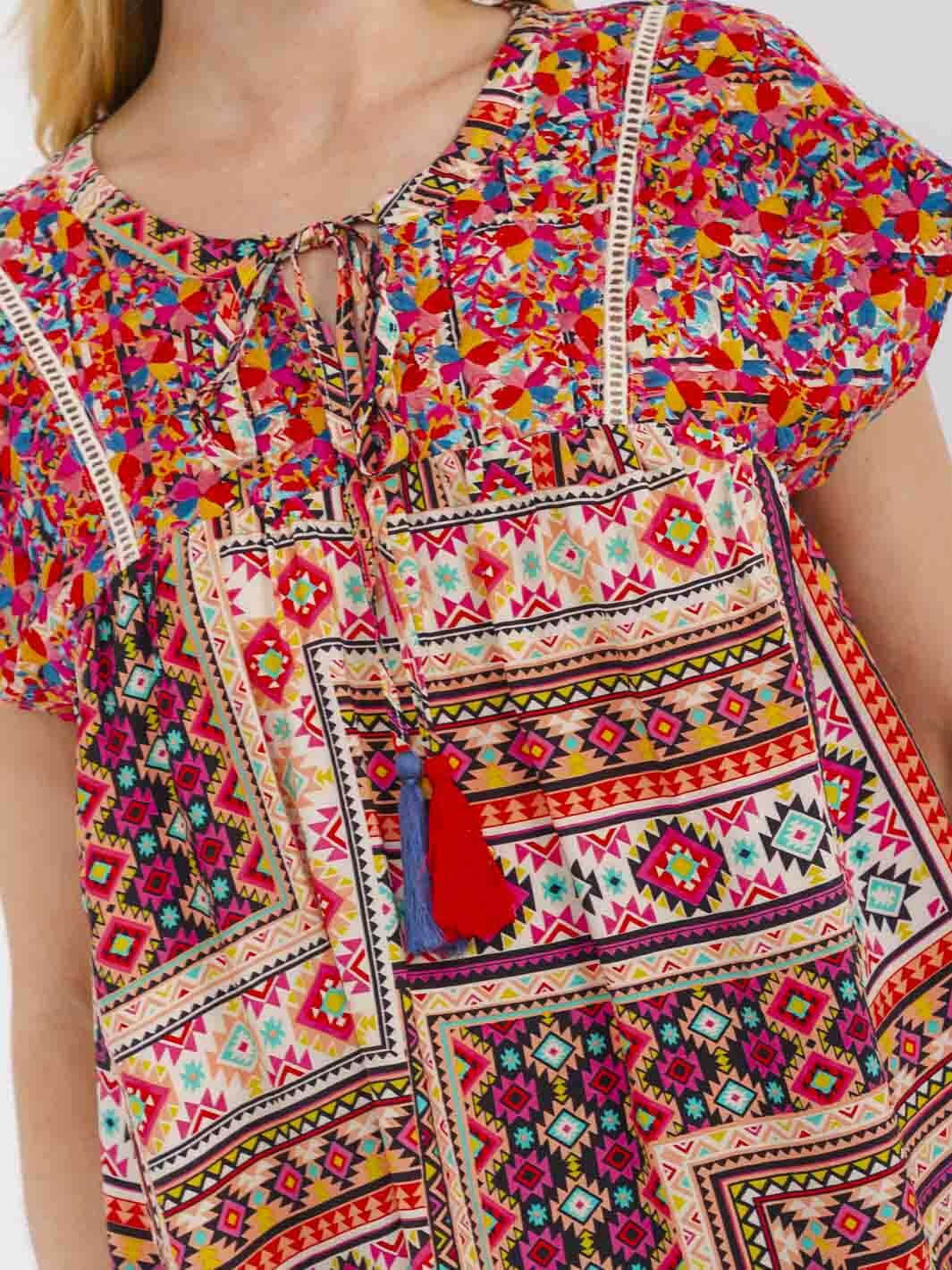 WOMEN'S SHORT SLEEVE FLORAL EMBROIDERY MULTI PRINT BLOUSE