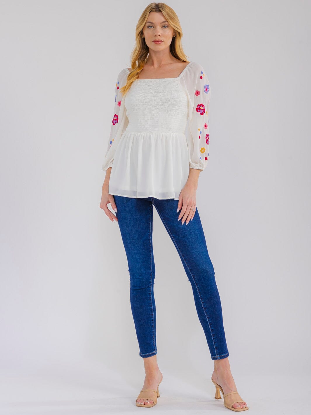 WOMEN'S 3/4 SLEEVE SQUARE NECK SMOCK FLORAL EMBROIDERY BLOUSE