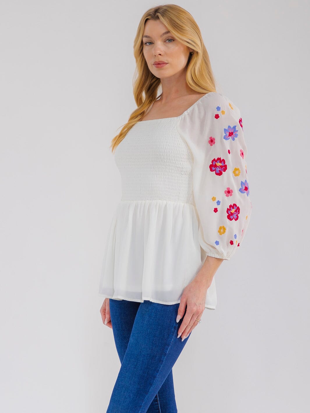 WOMEN'S 3/4 SLEEVE SQUARE NECK SMOCK FLORAL EMBROIDERY BLOUSE