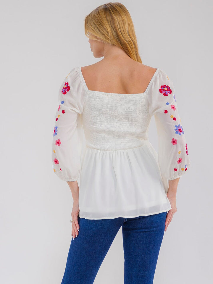 WOMEN'S 3/4 SLEEVE SQUARE NECK SMOCK FLORAL EMBROIDERY BLOUSE