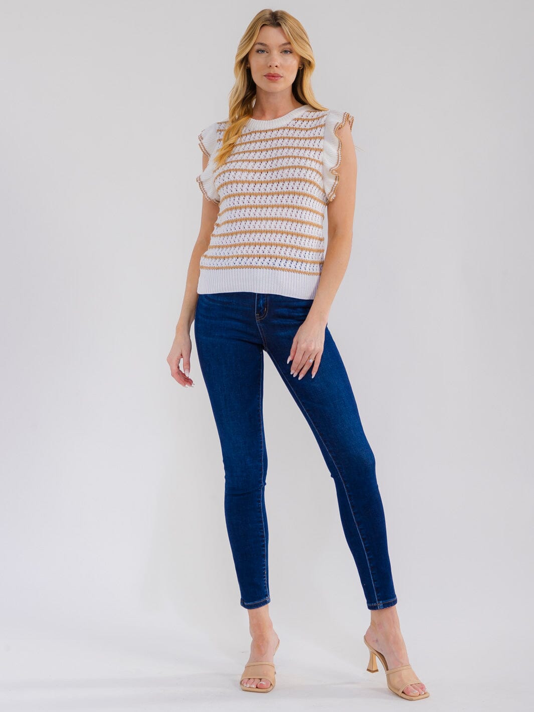 WOMEN'S SLEEVELESS RUFFLE COLORBLOCK KNIT TOP
