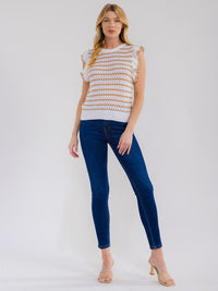 WOMEN'S SLEEVELESS RUFFLE COLORBLOCK KNIT TOP