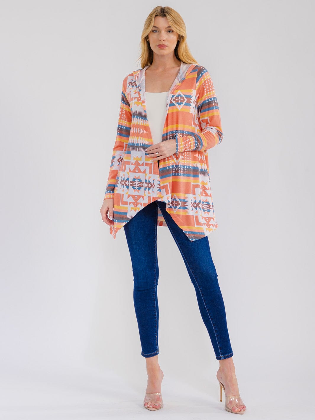 WOMEN'S LONG SLEEVE OPEN FRONT MULTI PRINT HOODED CARDIGAN