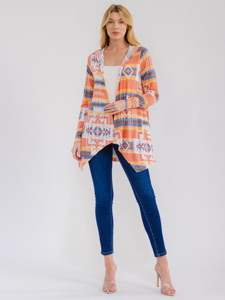 WOMEN'S LONG SLEEVE OPEN FRONT MULTI PRINT HOODED CARDIGAN
