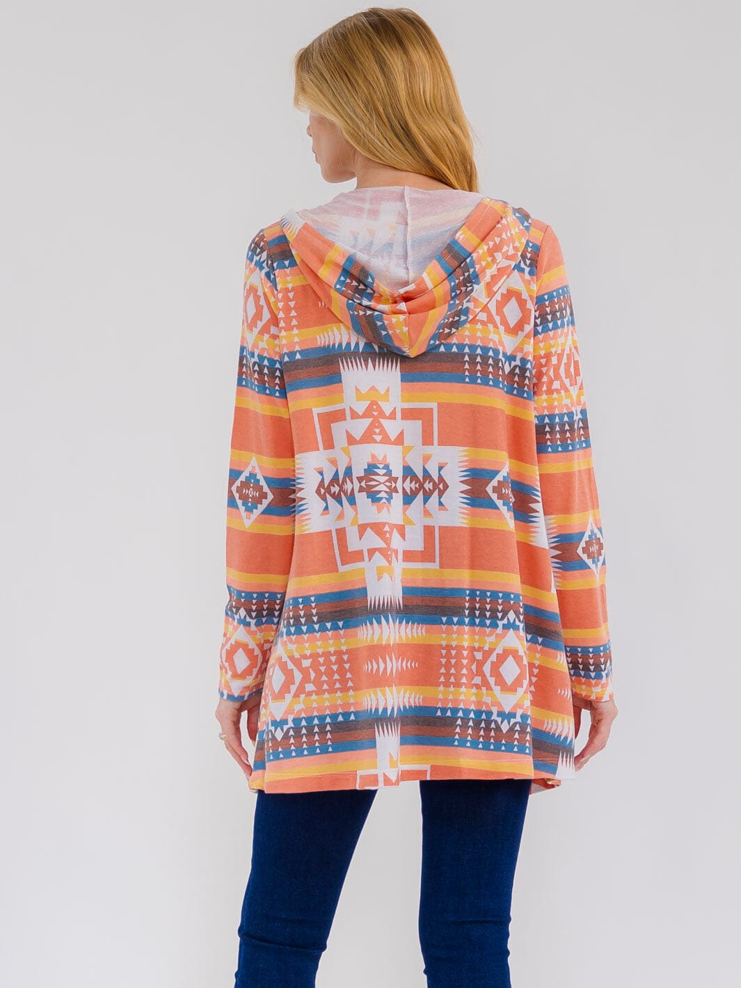 WOMEN'S LONG SLEEVE OPEN FRONT MULTI PRINT HOODED CARDIGAN