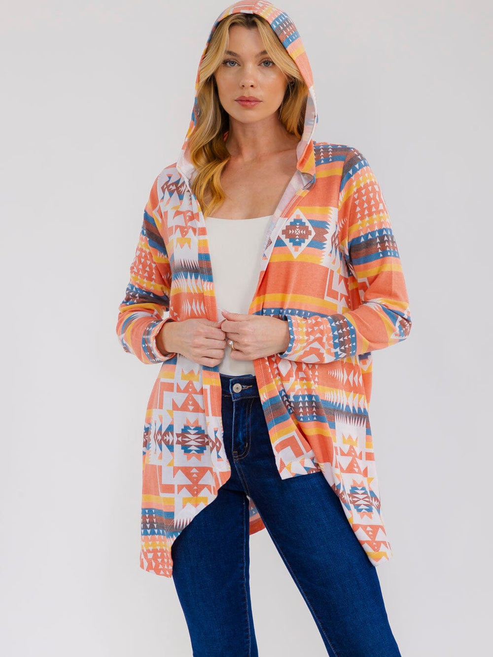 WOMEN'S LONG SLEEVE OPEN FRONT MULTI PRINT HOODED CARDIGAN