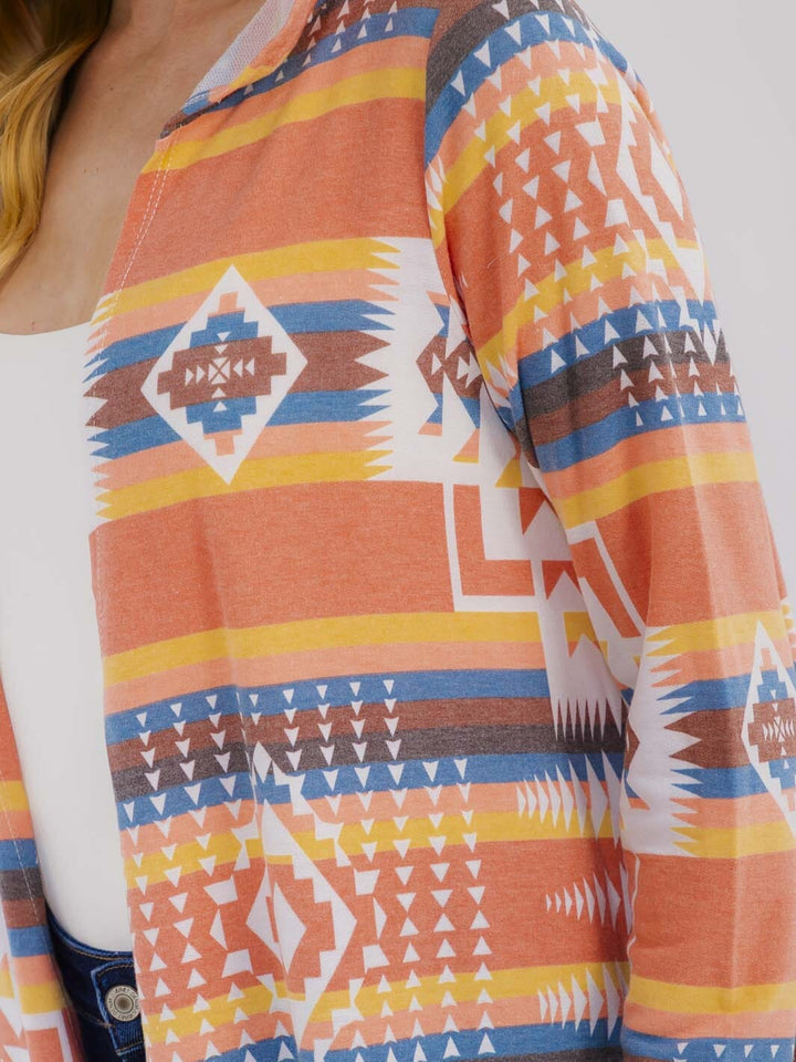 WOMEN'S LONG SLEEVE OPEN FRONT MULTI PRINT HOODED CARDIGAN