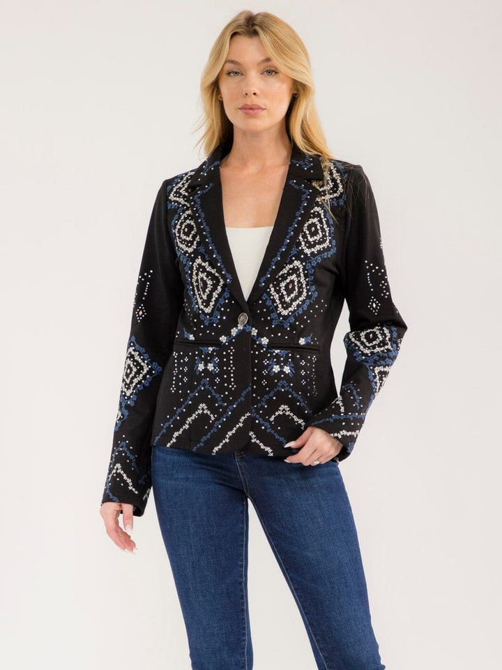 WOMEN'S LONG SLEEVE BUTTON CLOSURE STUDS EMBROIDERY BLAZER