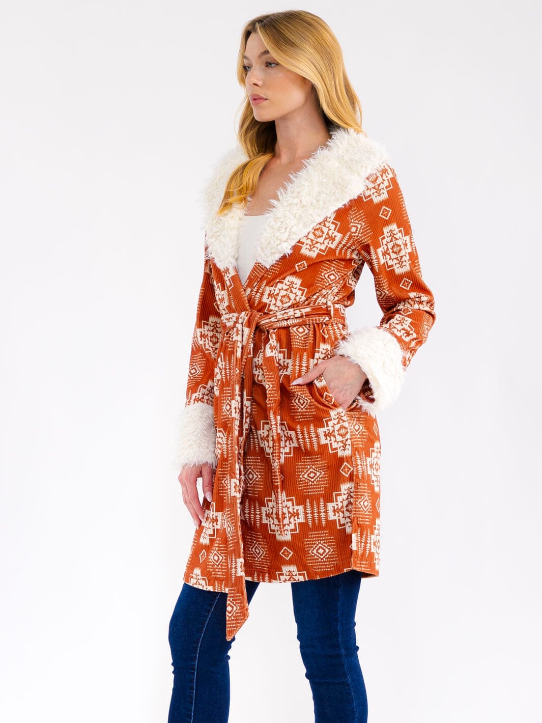 WOMEN'S LONG SLEEVE OPEN FRONT SELF TIE FRONT POCKETS MULTI PRINT CARDIGAN