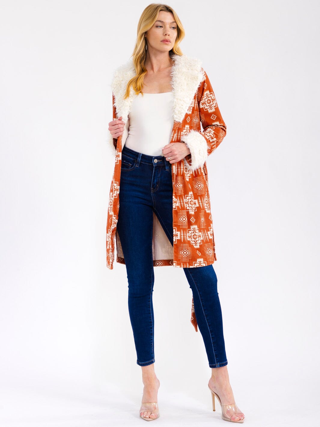 WOMEN'S LONG SLEEVE OPEN FRONT SELF TIE FRONT POCKETS MULTI PRINT CARDIGAN
