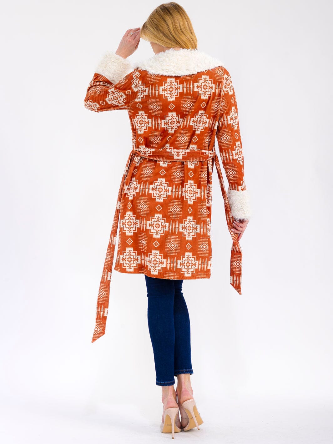 WOMEN'S LONG SLEEVE OPEN FRONT SELF TIE FRONT POCKETS MULTI PRINT CARDIGAN