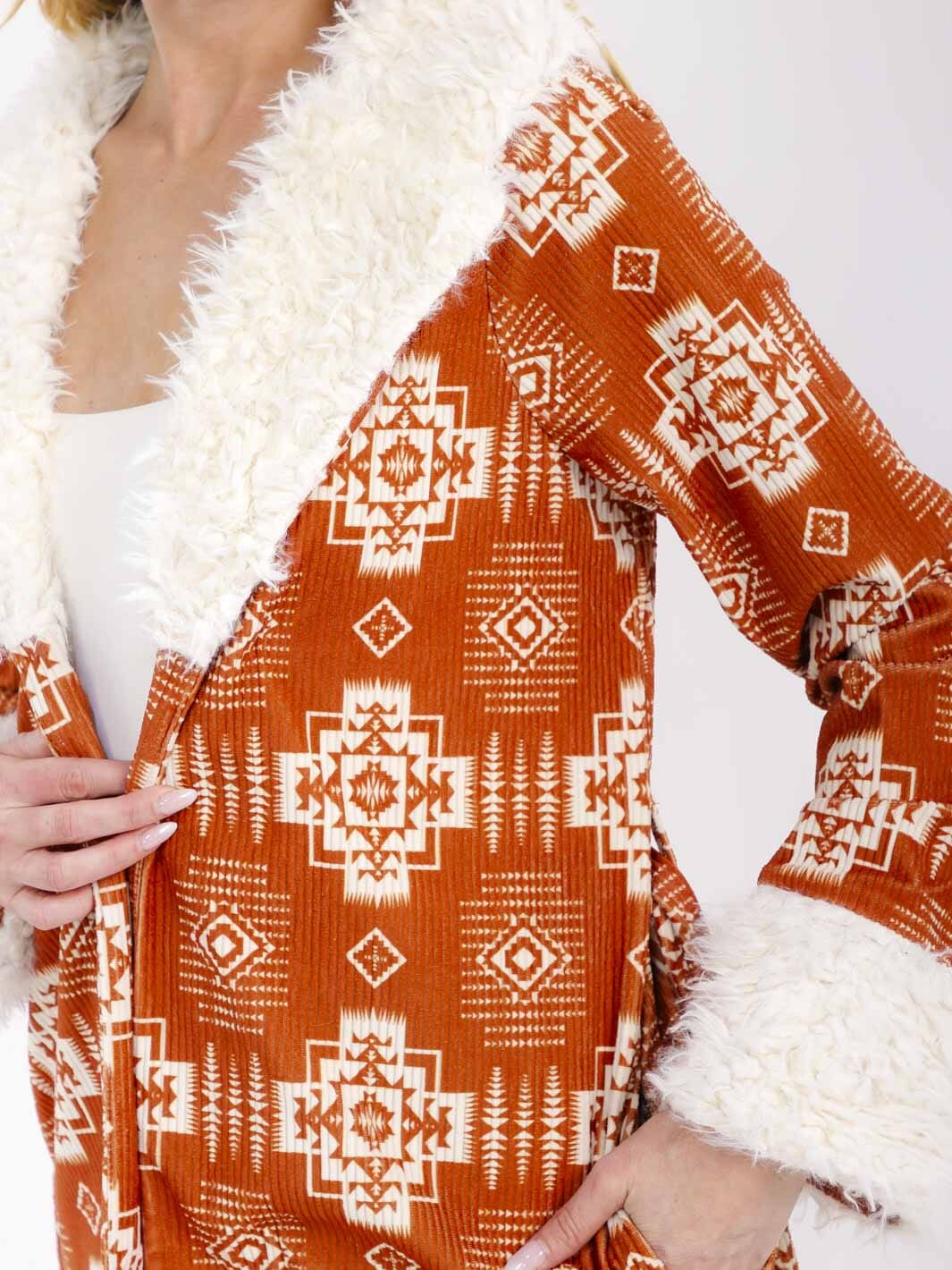 WOMEN'S LONG SLEEVE OPEN FRONT SELF TIE FRONT POCKETS MULTI PRINT CARDIGAN