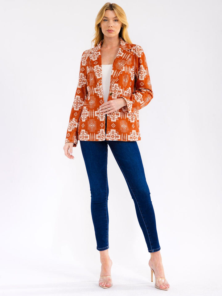 WOMEN'S LONG SLEEVE BUTTON CLOSURE FRONT POCKETS MULTI PRINT BLAZER