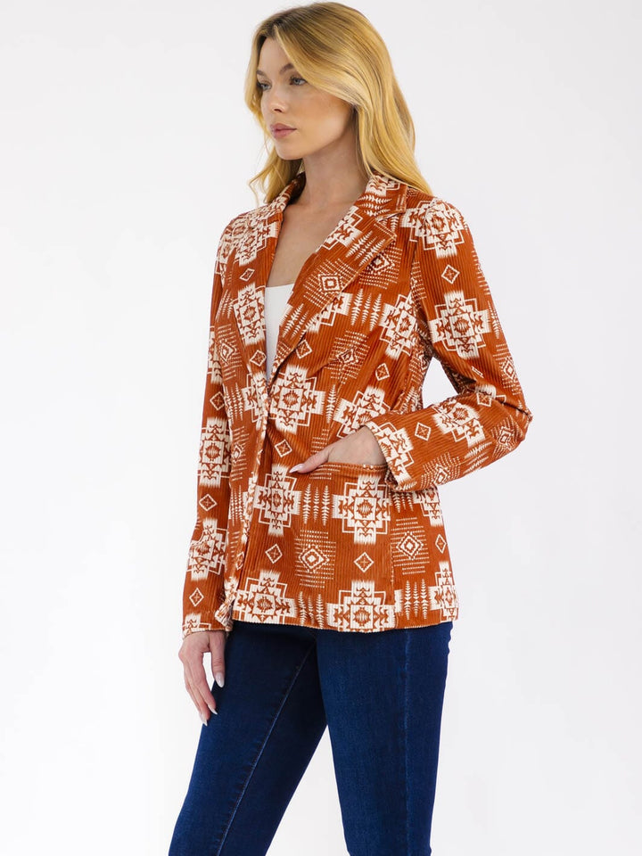 WOMEN'S LONG SLEEVE BUTTON CLOSURE FRONT POCKETS MULTI PRINT BLAZER