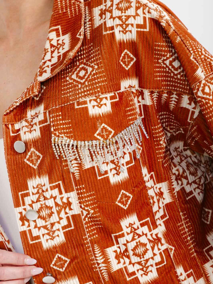 WOMEN'S LONG SLEEVE BUTTON CLOSURE FRONT POCKETS MULTI PRINT SHACKET