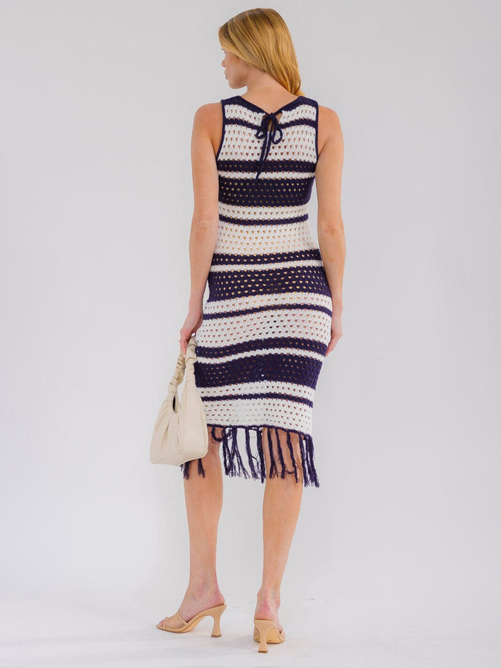 WOMEN'S SLEEVELESS COLORBLOCK FRINGE HEM KNITTED MIDI DRESS