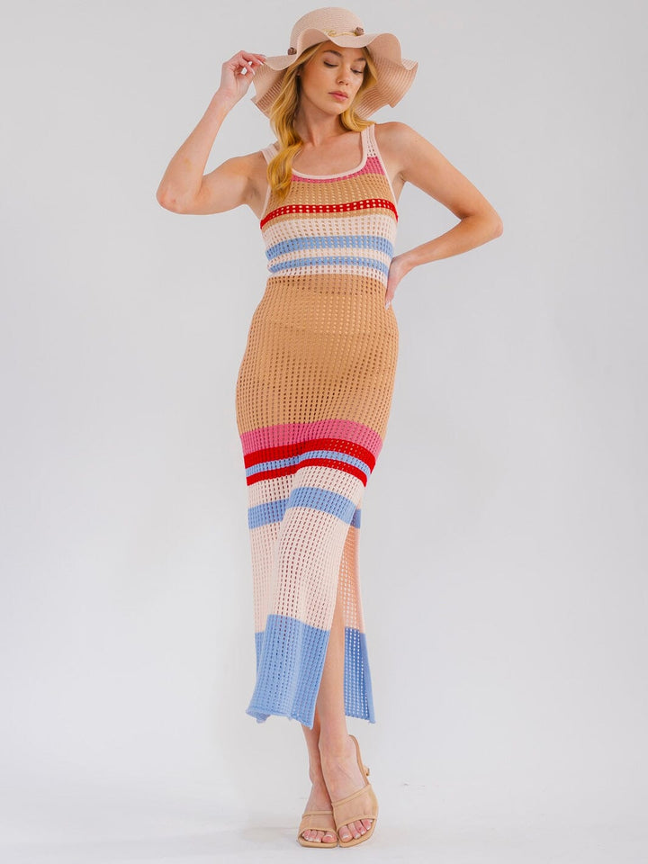 WOMEN'S SLEEVELESS COLORBLOCK STRIPES SIDE SLIT KNIT BODYCON MAXI DRESS