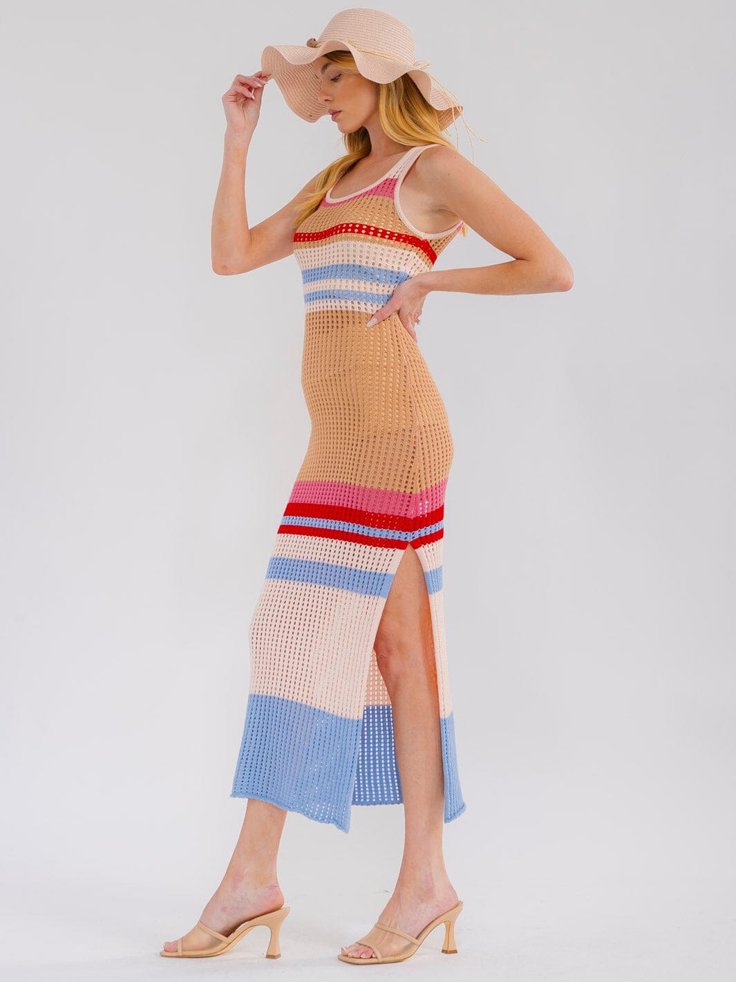 WOMEN'S SLEEVELESS COLORBLOCK STRIPES SIDE SLIT KNIT BODYCON MAXI DRESS