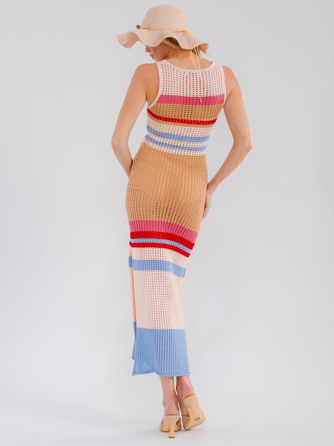 WOMEN'S SLEEVELESS COLORBLOCK STRIPES SIDE SLIT KNIT BODYCON MAXI DRESS