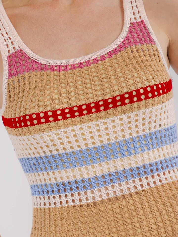 WOMEN'S SLEEVELESS COLORBLOCK STRIPES SIDE SLIT KNIT BODYCON MAXI DRESS