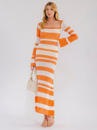 WOMEN'S LONG BELL SLEEVE COLORBLOCK STRIPES KNIT BODYCON MAXI DRESS