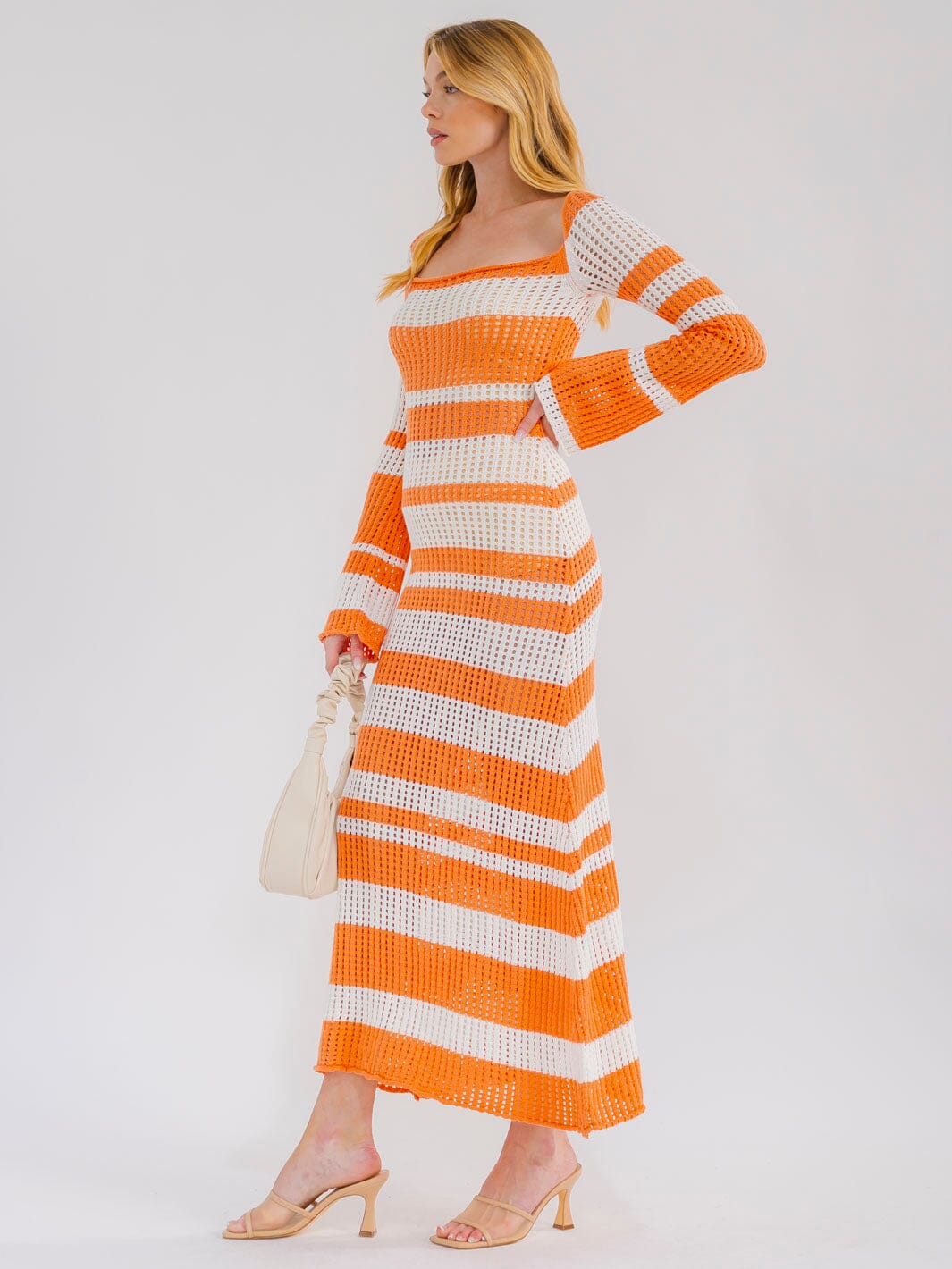 WOMEN'S LONG BELL SLEEVE COLORBLOCK STRIPES KNIT BODYCON MAXI DRESS