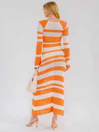WOMEN'S LONG BELL SLEEVE COLORBLOCK STRIPES KNIT BODYCON MAXI DRESS