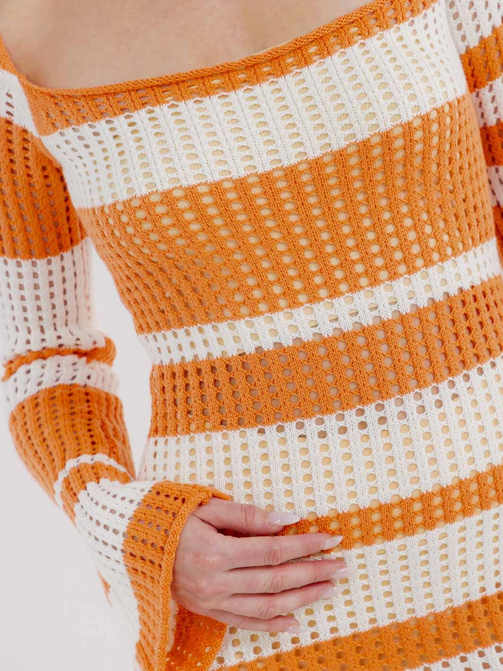 WOMEN'S LONG BELL SLEEVE COLORBLOCK STRIPES KNIT BODYCON MAXI DRESS